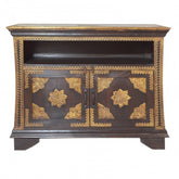 Indian Embossed Antique Brass work Solid wood Sideboard Brown Small Buffet 1m
